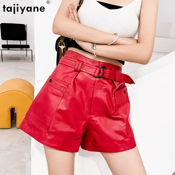 Tajiyane עור אמיתי מכנסיים קצרים לנשים 2023 חדש אופנה גבוהה המותניים מכנסיים קצרים אמיתי עור כבש מכנסי עור רחב הרגל קצרה התמונה