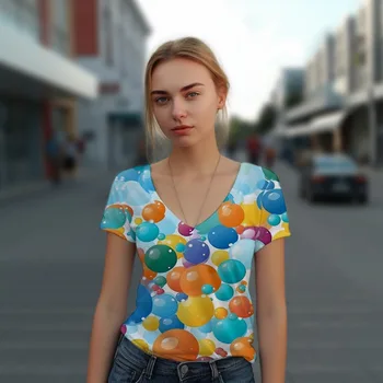 2023 חדש נשים של קיץ V-צוואר חולצה צבעונית פופולרי 3D הדפסת חולצה אופנה מזדמן חולצת רחוב פופולרי V-צוואר חולצת הטריקו התמונה
