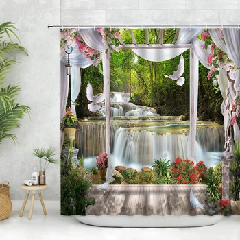 סגנון אירופאי נוף וילון מקלחת ערכות פרחים צמחים ירוקים מפל אביב נוף קיר עיצוב חדר אמבטיה וילונות אמבטיה התמונה