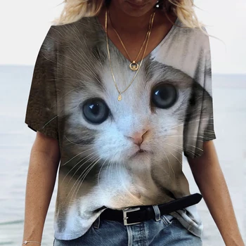 קיץ נשים חולצת 3D חתול הדפס שרוול קצר למעלה מזדמנים אופנה Tees חיה צוואר V הנשי Harajuku החולצה הענקית Y2k בגדים התמונה