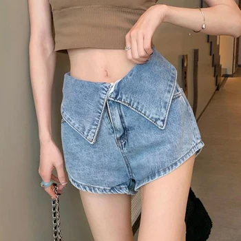 Rimocy קוריאנית גבוהה המותניים מכנסי ג 'ינס קצרים נשים 2023 הקיץ Revers עיצוב Y2K קצר ג' ינס האישה ישר אופנת רחוב קצרים נשיים התמונה