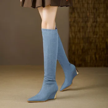 זמש נעלי נשים מעצב לחימה Botines טריז מגפי ברך פשטות Sapatos Feminino מזדמן קאובוי Bottines רוכסן פאטוס התמונה