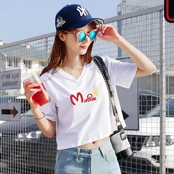 סגנון קוריאני חולצה לנשים יבול מקסימום קיץ, שרוול קצר טי מכתב הדפסה Tshirts פאטאל V-צוואר אופנת רחוב בגדים 2023 חדש התמונה
