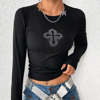 גותי אפל ריינסטון קניון גותי בסיסי חולצות סייבר Y2k פאנק שרוול ארוך לנשים יבול מקסימום גראנג ' צלב סקיני שחור אופנה, טי. התמונה