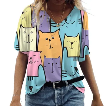 החדשות של נשים וינטאג מנופחים חולצת הקיץ מזדמנים חופשי טי חולצות Kawaii גבירותיי אופנה קצר השרוול V-צוואר החתול הדפסה העליון התמונה