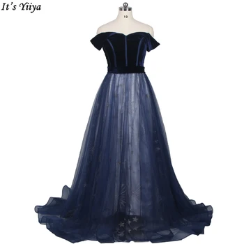 זה Yiiya צילום אמיתי את כתף שמלת ערב כחול קטיפה באורך רצפת בתוספת גודל שמלות ערב החלוק דה נשף BR1239 התמונה
