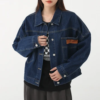 כחול כהה וינטג ' BF 'ינס מעילי נשים 2023 Harajuku סגנון אופנה אופנת רחוב ג' ינס מעיל כפתור שרוול ארוך מעיל בגדים התמונה