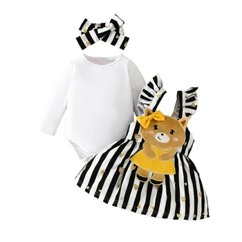 2023 תינוק שרק נולד ילדה הבגדים סטים התינוק רומפר 3D עיצוב קשת פס דוב Suspender שמלה כתומה + סרט תלבושת חורף התמונה