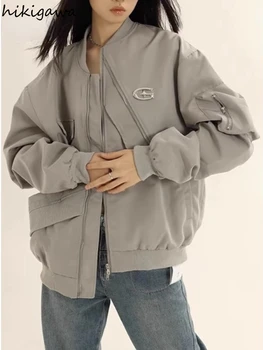 בציר מעילי נשים, בגדי אופנה קוריאניים אופנת רחוב מנופחים להאריך ימים יותר 2023 יוקרתי Mujer מזדמן לא סדיר רוכסן המעיל Y2k התמונה