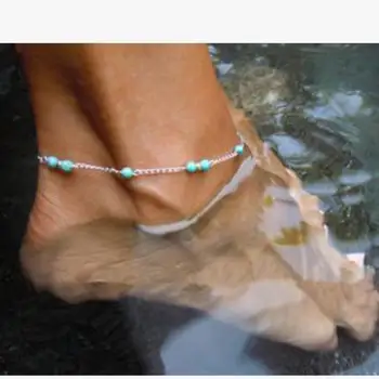 חרוזים Anklets לנשים בוהמי רגל תכשיטי קיץ החוף צמיד כחול אבן בציר הקרסול על הרגל רצועת קרסול אביזרים התמונה