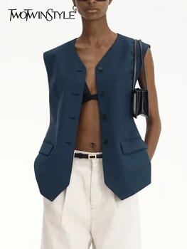 TWOTWINSTYLE מוצק מקרית Waistcoats עבור הנשים צוואר V שרוולים טלאים אחת עם חזה מינימליסטי הז ' קט נשי ביגוד התמונה