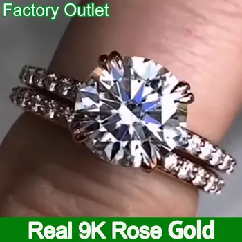 אמיתי 9K רוז זהב כלה ערכות טבעת נשים אירוסין מסיבת הנישואין טבעת טבעת חרוז סט עגול Moissanite יהלום התמונה