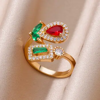 ירוק זירקון פרח עלה טבעות לנשים גיאומטריות טבעת נירוסטה יוקרתי כמה תכשיטים לחתונה מתנה משלוח חינם anillos התמונה