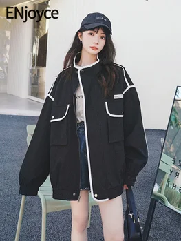 ENjoyce אביב סתיו נשים עומד צווארון רופף ג ' קטים שחורים יפנית y2k מעילים Harajuku הלבשה עליונה-90 בגדים קלאסיים התמונה