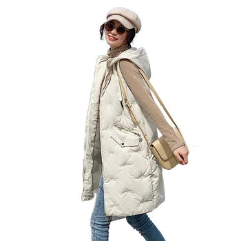 2023 סתיו החורף חדש וסט נשים ללא שרוולים למטה כותנה מעיל קוריאני אופנה כיסי רוכסן רופף ארוך עם ברדס הז ' קט Feminina התמונה