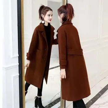 חדש אופנה נשים מעילי טרנץ ' מעיל לנשים מעיל כפול עם חזה שרוול ארוך 2023 מעצבים מזדמנים רופף ארוך מעיל הצמר V6 התמונה