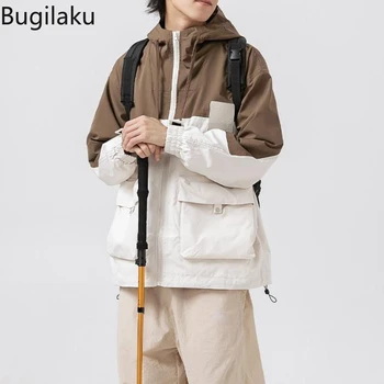 Bugilaku רופף עם הברדס של גברים Workwear טלאים מעילי סתיו אופנתיים כמה מעילים חדשים התמונה