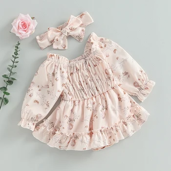 תינוק שרק נולד ילדה 2Pcs סתיו אביב תלבושות שרוול ארוך פרחוני רומפר שמלה עם סרט להגדיר התינוק בגדים. התמונה