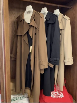בסגנון בריטי נשים עם שרוולים ארוך ארוך מעיל גשם חדש סתיו חורף אופנת שיק נשי כפול עם חזה בינוני אורך הג ' קט התמונה