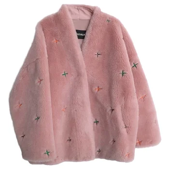 קוריאני של נשים אופנה חמים מעיל פרווה החורף באיכות גבוהה כבש מעיל פרווה חיצונית יוקרה חורף V-צוואר עיצוב פרווה התמונה