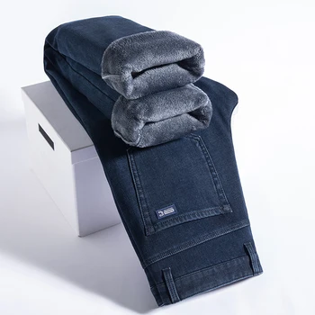 3 צבע ישר צמר ג 'ינס גברים חורף חם אופנה מזדמן באגי בסגנון קלאסי מוצק צבע ג' ינס מכנסיים זכר בגדי מותג התמונה