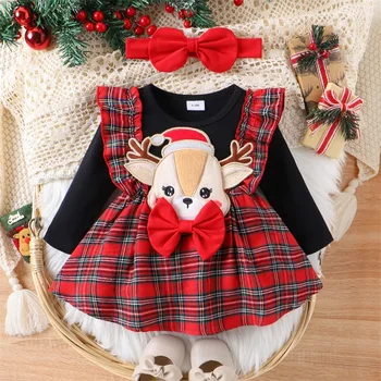 חג המולד 0-2Y בנות תינוק שמלה שרוול ארוך קריקטורה צבי טלאים צבעוני הדפס קשת מתלבשת עם קשת לשיער לסתיו חורף התמונה