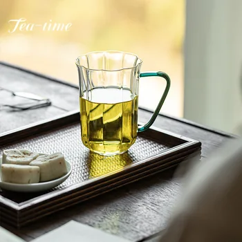 370ml תה ירוק ספל זכוכית בורוסיליקט יצירתי פרח מים ותה ארוחת בוקר כוס עם ידית שקופה שתיית כוסות קפה התמונה