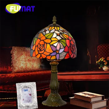 FUMAT טיפאני זכוכית צבעונית בסגנון אמריקאי רוז מנורת שולחן אמנות קישוט הסלון, חדר לימוד חדר השינה המיטה 8 אינץ מנורת הקריאה התמונה