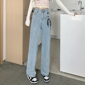 סגנון קוריאני מחייב באגי ג ' ינס לנשים הקיץ יוממות מכנסיים Y2k אופנת רחוב גבוהה המותניים רחבות אופנה של נשים מכנסיים התמונה