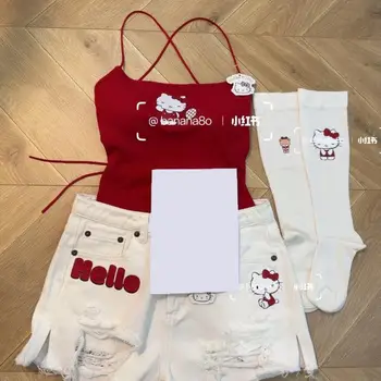 Sanrioed אנימה הלו קיטי קלע ההגירה ילדה לב Kawaii כותנה סקסיים כל-התאמה וסט ג ' ינס החליפה מתנות חג התמונה