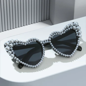 האופנה רטרו בצורת לב חיקוי פרל מסגרת UV400 משקפי שמש נשים עין חתול משקפי שמש אופנתיים מסיבת חוף משקפי שמש התמונה
