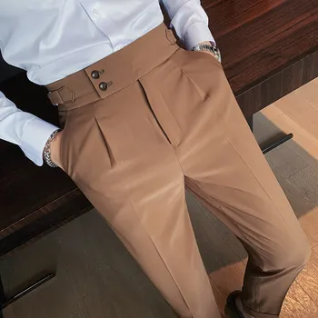 חאקי מתכווננת אבזם חליפת מכנסיים לגברים Slim Fit נאפולי מוצק צבע זכר מכנסיים רגל ישרה מכנסיים לעסקים/חתונה 