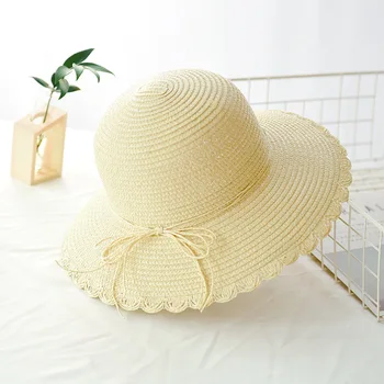 הקיץ מזדמנים כובע קש נשים החוף שוליים רחבים, תקליטונים שמש כובעי מגן UV להגן על קשת סרט בנות פנמה כובע נשי התמונה
