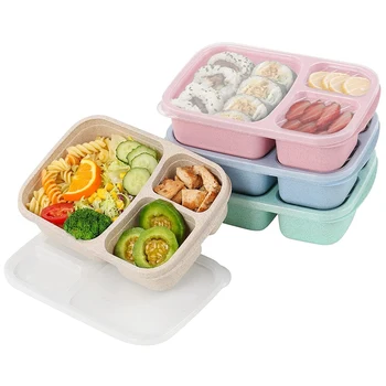 4 ערכת בנטו קופסת ארוחת הצהריים 3-תא ארוחה הכנה מכולות קופסא ארוחת צהריים לילדים לשימוש חוזר מזון, מיכלי אחסון -Stackable התמונה