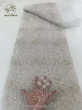 לבן אפריקאי חרוזים החתן טול רשת תחרה בד 2023 באיכות גבוהה פאייטים רקמה צרפתית טול השרוכים על Nigeiran שמלת מסיבת התמונה