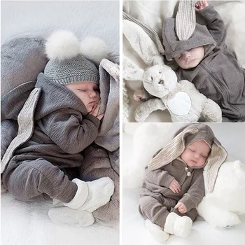 תינוק פעוט גדול אוזני ארנב בגדי הגוף לתינוקות בנים בנות זמן רומפר היילוד מוצק צבע המכוסה אחד החלקים ילדים סרבל רומפר התמונה