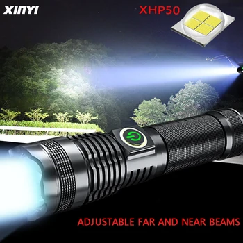 אור גבוה פנס LED XHP50 לפיד טעינת USB 5 מצבי פנס עם Zoomable ואת כוח המדיה,1*26650/1*18650 סוללה התמונה