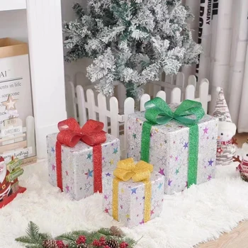 חג המולד מואר קופסאות דקורטיביות אור חמים סט של 3 LED מואר להציג קופסאות שליטה מרחוק על עץ חג המולד עיצוב חדר התמונה