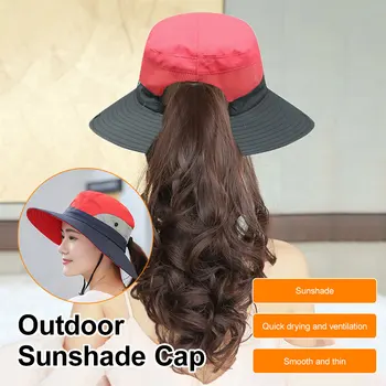 דיג כובע שמש UV הגנה מפני השמש, כובע דלי קיץ גברים נשים גדולות שוליים רחבים, בוב טיולים חיצונית דייג כובע עם רצועת שרשרת התמונה
