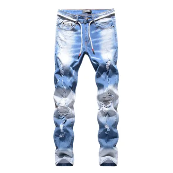 אביב קיץ גברים ג 'ינס וינטאג' כחול צבע מוצק אלסטי דק בסגנון קלאסי זכר מכנסי ג ' ינס אופנוען ברחוב עיפרון מכנסיים התמונה