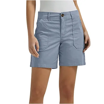 קיץ נשים מזדמנים מכנסיים קצרים הגברת בני נוער גבוה המותניים מוצק צבע Slim Fit אריג מכנסיים קצרים עם כיסים אופנת רחוב לוהט התמונה