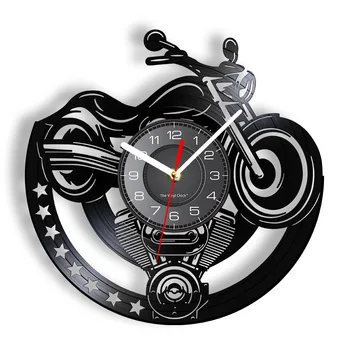 אופנוע התקליט ויניל שעון קיר מוסך ייחודי אמנות עיצוב וינטג שעון שעון מערת אדם סדנת עיצוב Motorbikers מתנה התמונה