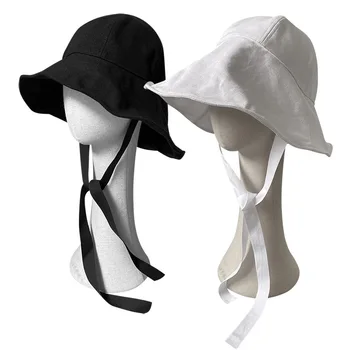 VACIGODEN אופנה הקיץ פשתן כיפה צבע טהור דלי כובע נשים גדולות אפס מקום לנשימה הגנה מהשמש כובע פשוט דייג הכובע התמונה