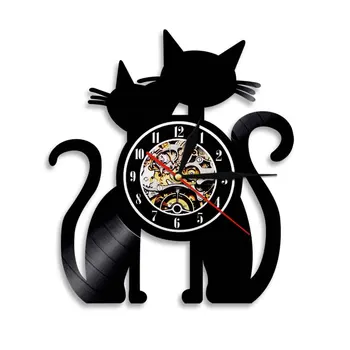 חתולים שחורים קיטי שעון חיות מחמד 3D שעון קיר חתולים התקליט ויניל שעון אמנות מודרנית קיר תפאורה מתנה לחנוכת בית אוהב חתולים התמונה