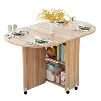 שולחן מתקפל מעץ מלא אחסון שולחן ארוחת הבוקר מודרני פשטות שולחן מטבח רב תכליתי עם רולר קיפול שולחן קפה התמונה