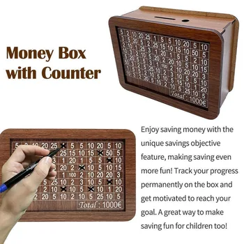 קופת למבוגרים ילדים מעץ כסף בקופסא עם מונה בעבודת יד של ילדים לחיסכון מטבע הקופה יורו Moneybox מתנות התמונה