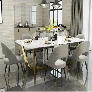 Mavisun נורדי נירוסטה פינת האוכל בשילוב פשוט מעצב יצירתי יוקרה מלבני משיש שולחן אוכל עם 6 כסאות התמונה