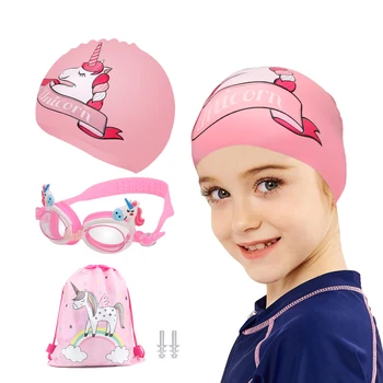 4 לארוז את הילדים לשחות כובעים עבור ארוך/קצר שיער ילדה הפעוט לשחות משקפי מגן סיליקון לשחות כובע אוזן תקע עם אטמי אוזניים & שקית אחסון התמונה