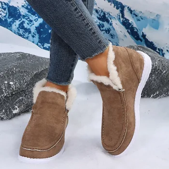 נעלי נשים 2023 מכירה חמה בחורף קטיפה חם להחליק על אמצע שוק מגפי נשים צבע מוצק עגול הבוהן העדר נמוך עם העקבים מגפי שלג התמונה