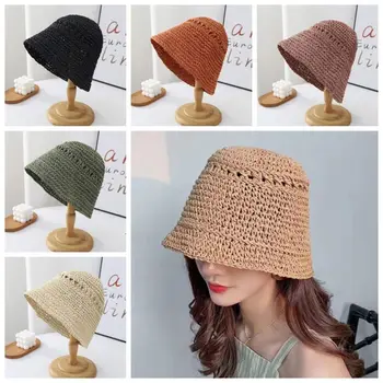 קוריאני מתקפל הקיץ כובע קש לנשים ילדה מצחיית הכובע כובע דלי דייג הכובע ביד אריגה כובע פנמה לנשימה החוף התמונה